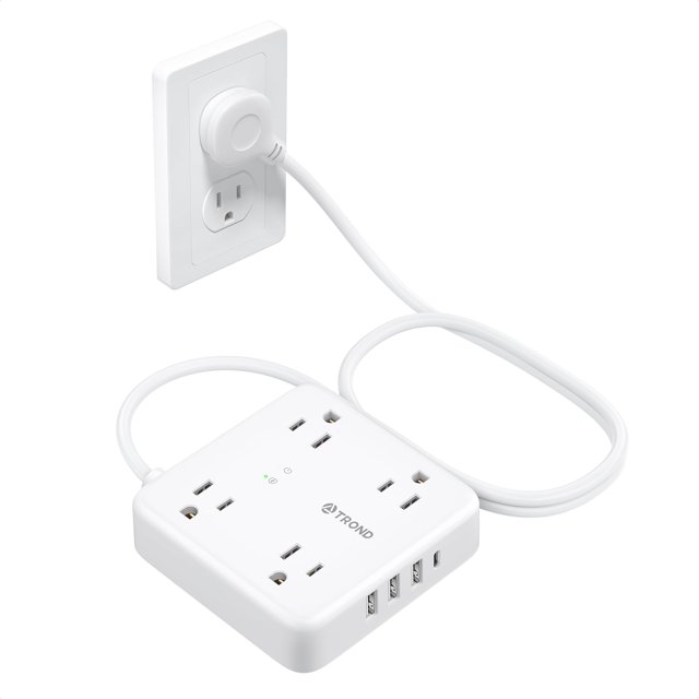 TROND Regleta protectora contra sobretensiones con enchufe plano USB, 4 tomas de corriente ampliamente espaciadas, 4 puertos USB, compacta para escritorio, hogar, dormitorio, elementos esenciales, col