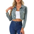 thumbnail image 1 of CHAQUETA DE DENIM CORTA LAVADA GRIS AZUL PARA MUJERES CON CUELLO CAÍDO Y BOTONES DESGASTADOS, INSPIRADA EN CHIC, PRIMAVERA VERANO TALLA L, 1 of 6