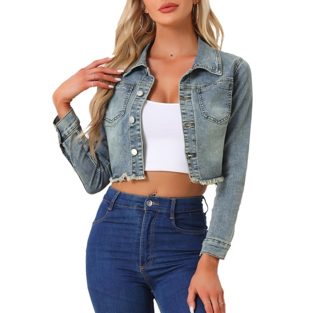 CHAQUETA DE DENIM CORTA LAVADA GRIS AZUL PARA MUJERES CON CUELLO CAÍDO Y BOTONES DESGASTADOS, INSPIRADA EN CHIC, PRIMAVERA VERANO TALLA L