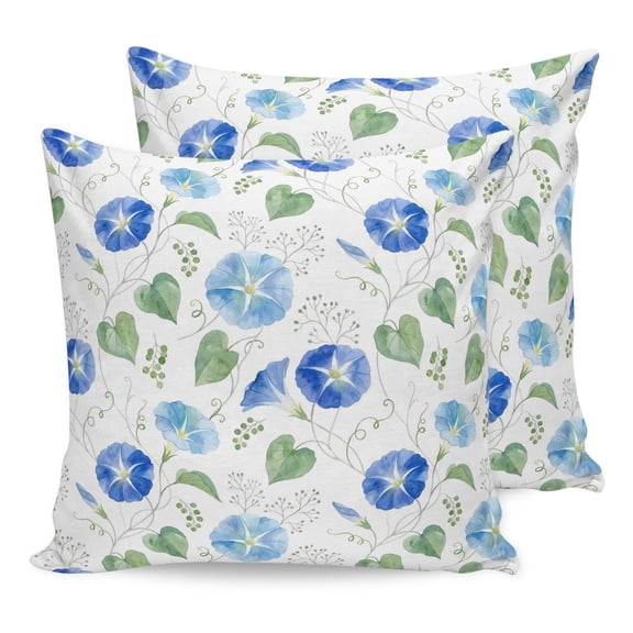 Pillow Covers 20x20 Set of 2, Blue Morning Glory Throw Pillow Covers Decorative Couch Cushion Cover, Spring Floral Green Leaves Green Microfiber Soft Square Pillowcases for Bedroom Living Room Sofa
