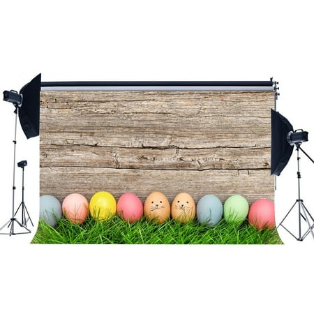 Image of MOHome 7x5ft Easter Backdrop Spring Colorful Eggs Green Grass Field Weathered Shabby Wood Plank Frohe Ostern Photography Background Kids Adults Photo Studio Props