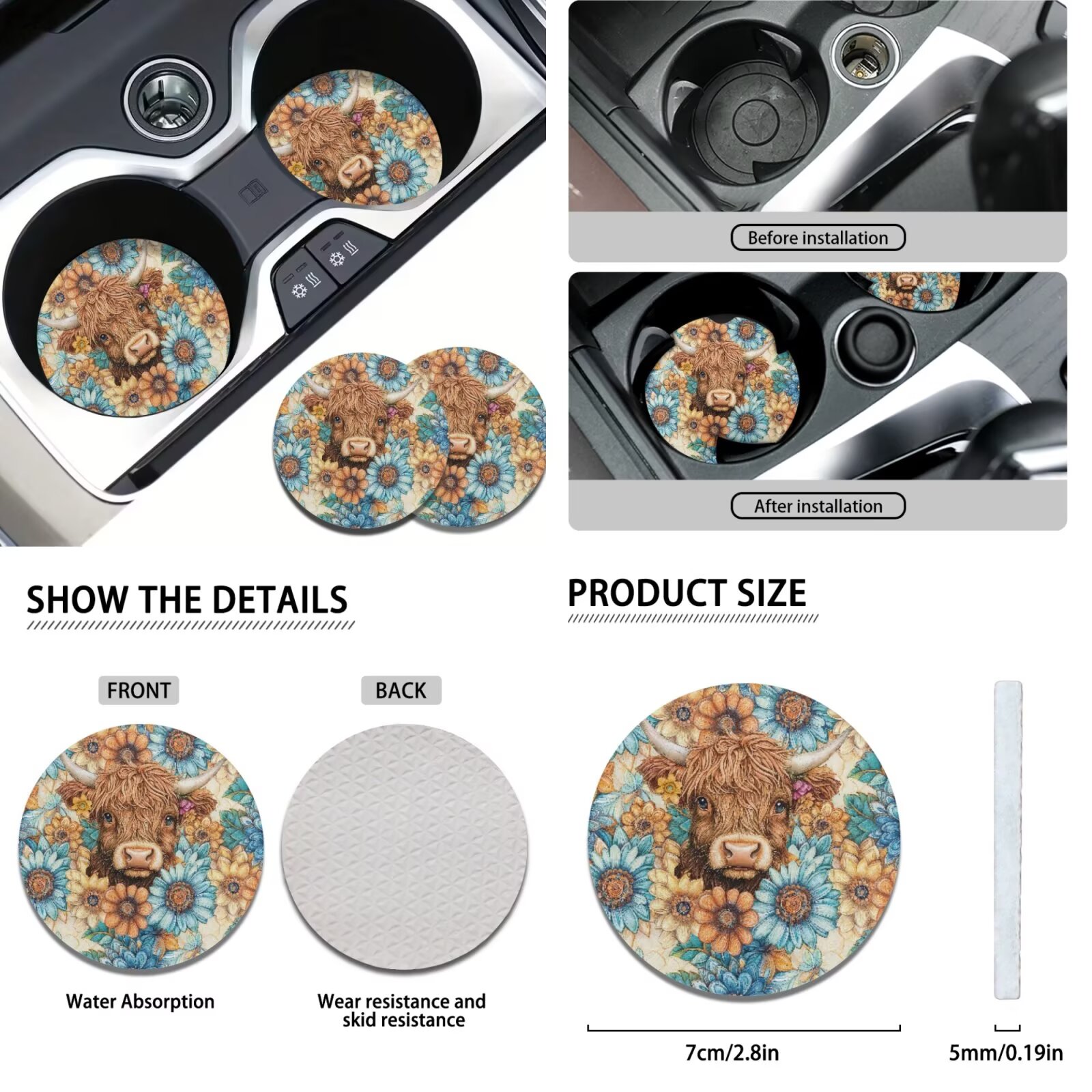 Garronmavis Boho Highland Cow Car Accessories Set with Steering Wheel Wrap Gear Shift Cover Handbrake Sleeve Headrest Protectors Cup Coasters Vehicle Cushion Protectors Interior Accessories