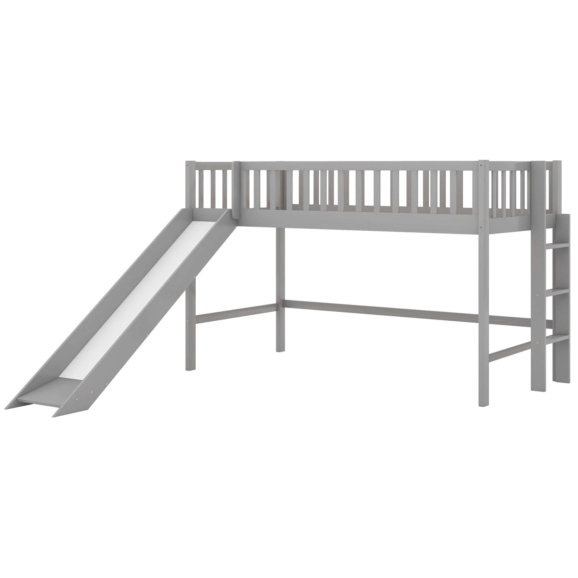 MAYEERTY Twin Size Low Loft Bed with Ladder and Slide, Gray