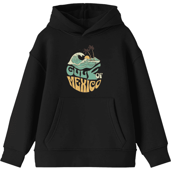 Gulf of Mexico Wave Text Youth Black Long Sleee Hoodie-Medium