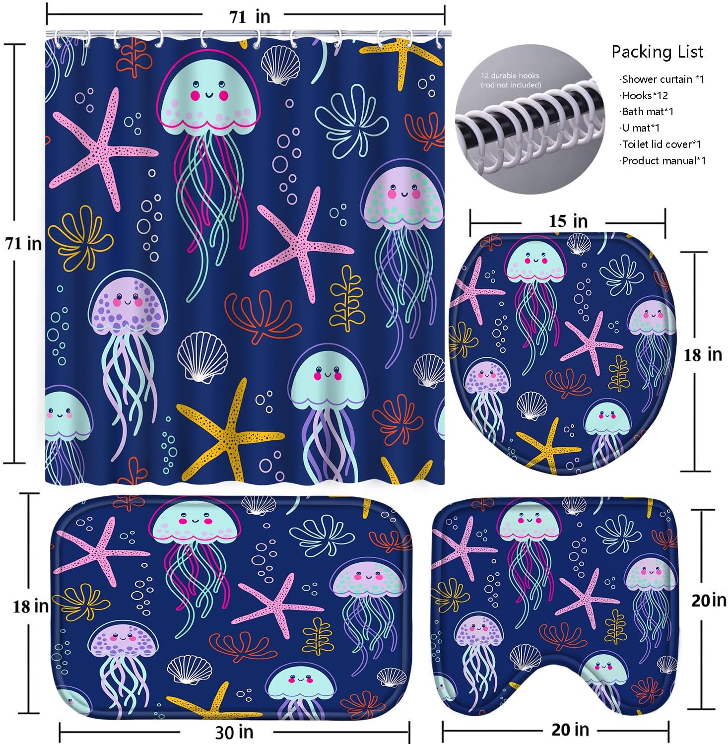 4 Pcs Bathroom Shower Curtain Set,Kid's Bathroom Set,Baby Octopus Shower Curtain Sets with Rugs(Bath Mat,U Shape and Toilet Lid Cover Mat) and 12 Hooks