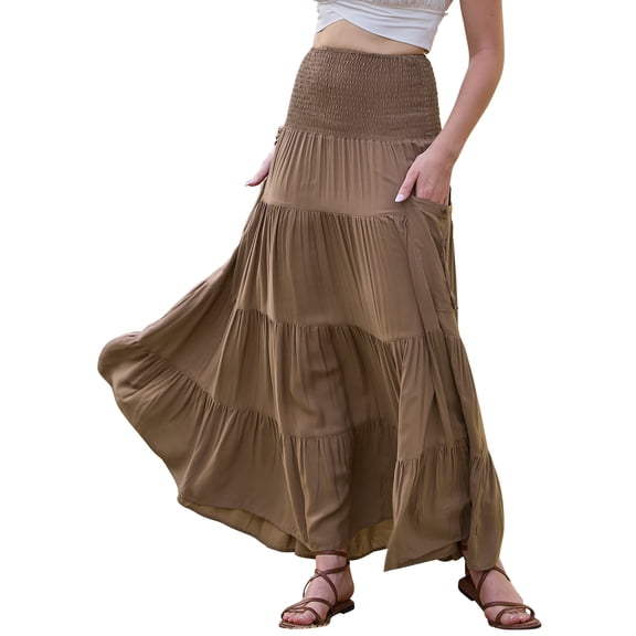 Summer Maxi Skirts for Women 2026 Elastic High Waist Swing A Line Beach Skirt with Pockets S Khaki
