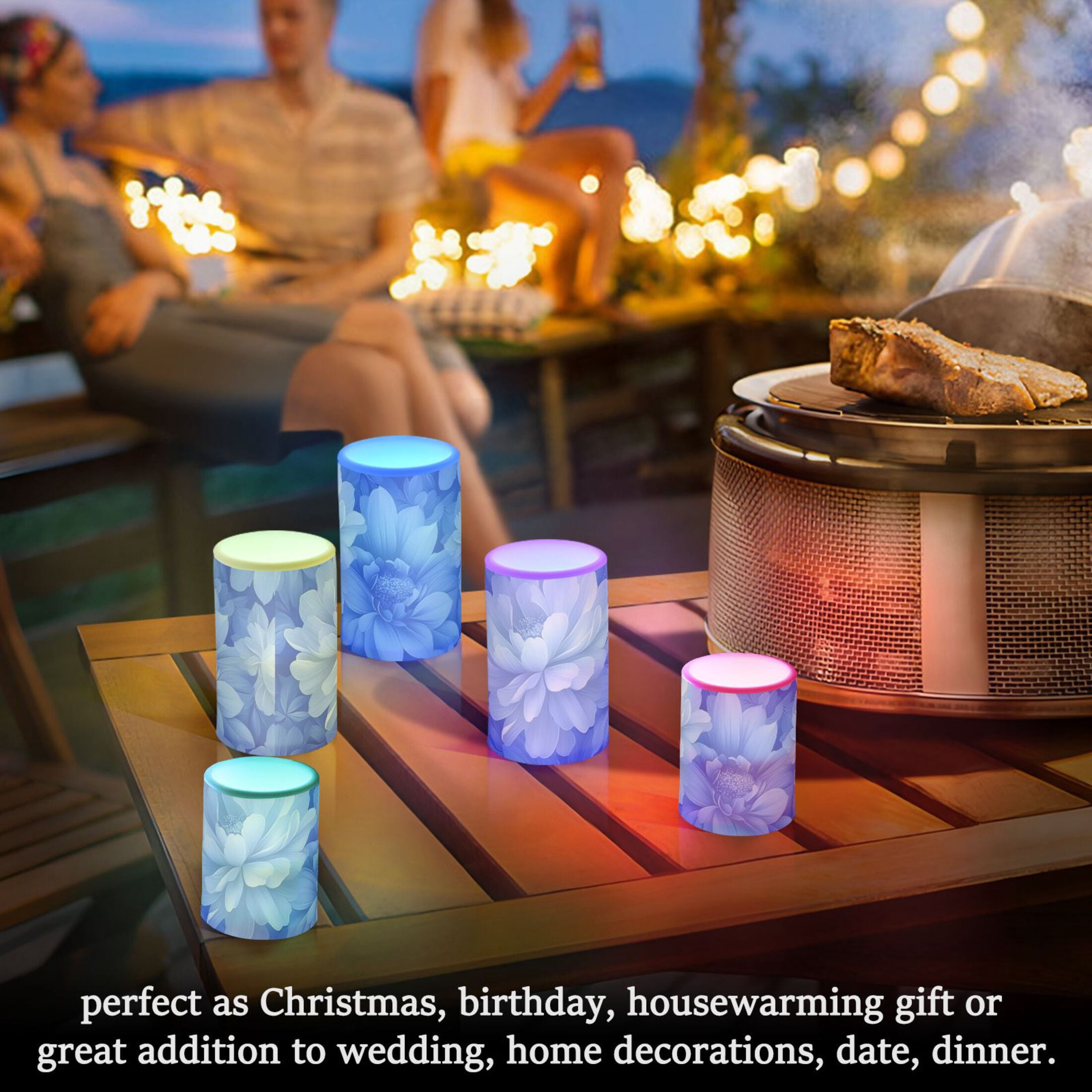 Elegant Blue Flower Flickering Flameless Candles Battery Operated with Remote Timer LED Pillar Candles Set of 2