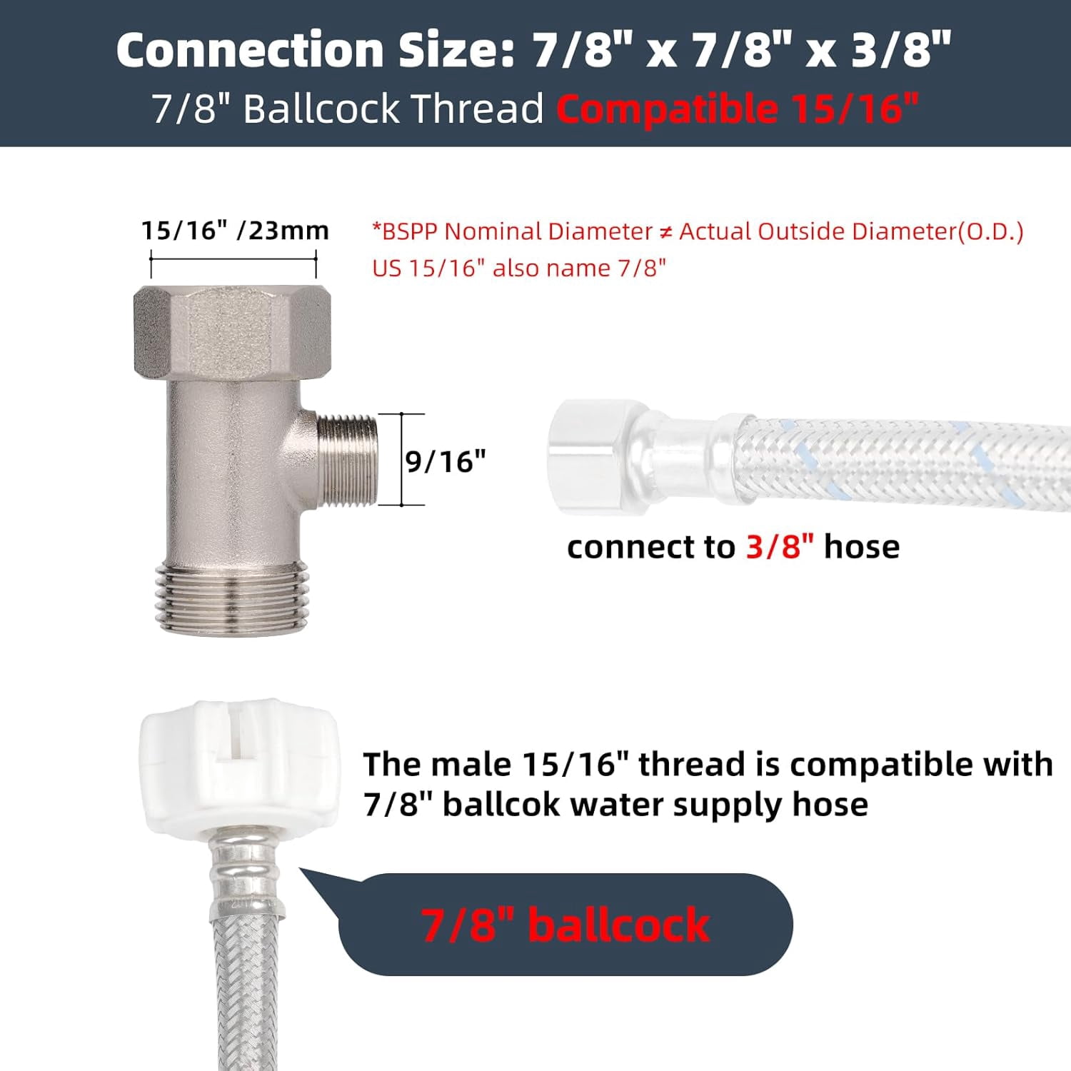 Metal Bidet T Adapter 3 Way Tee Connector for Bidet Attachment 7/8 Inch x 7/8 Inch x 3/8 Inch 15/16 Inch x 15/16 Inch x 9/16 Inch for Toilet