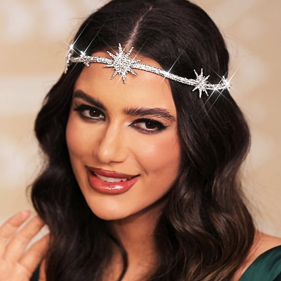 Rhinestone Headband Silver Star Hair Band Sparkly Bridal Forehead Crystal Headpiece Prom Rave Hair Accessories for Women and Girls