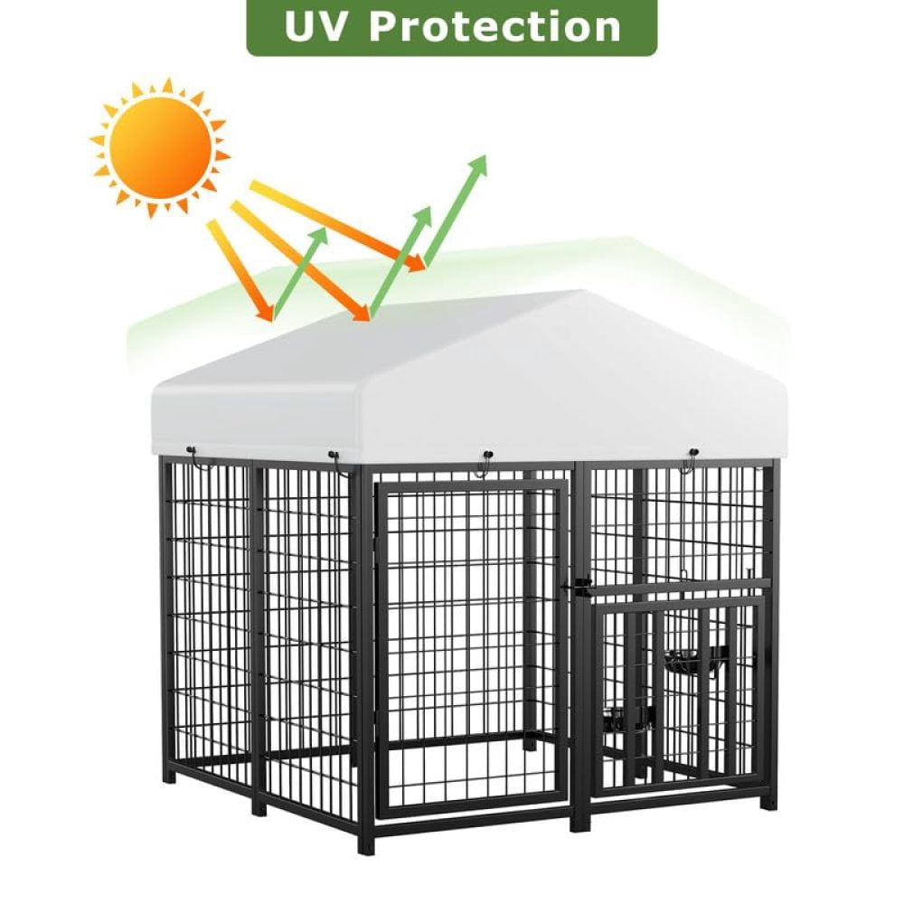 Large Outdoor Dog Kennel with Rotatable Feeder, Waterproof Roof & Raised Legs - Stainless Steel