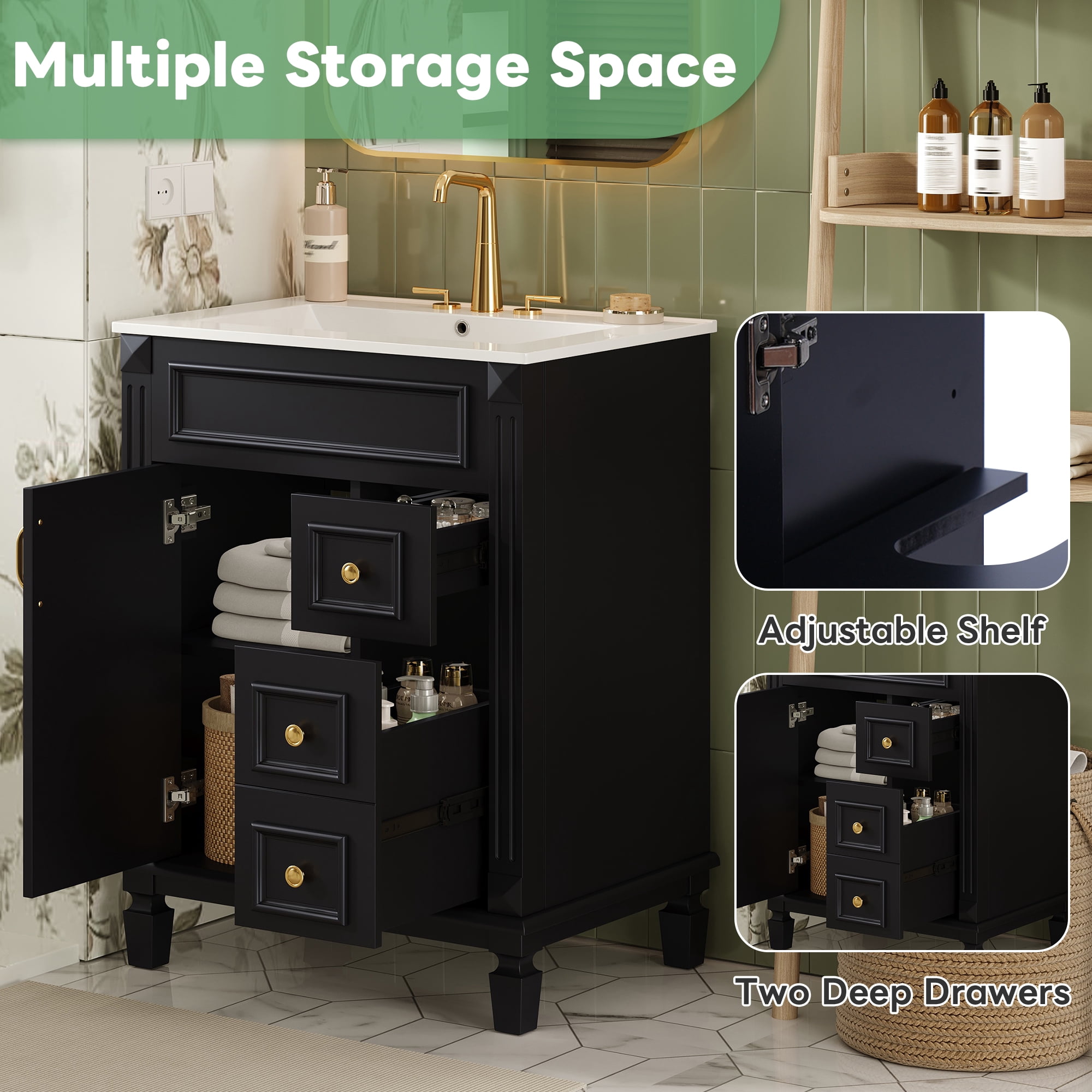 Euroco 24" Bathroom Vanity with Ceramic Sink, Small Bathroom Sink Cabinet, Modern Cabinet with 2 Drawers and Adjustable Shelf