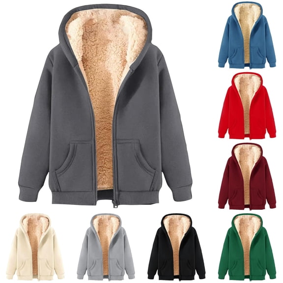 Wxolcjlv Solid Fleece Lined Zip‑Up Hooded Jackets for Women Long Sleeve Outerwear Tops
