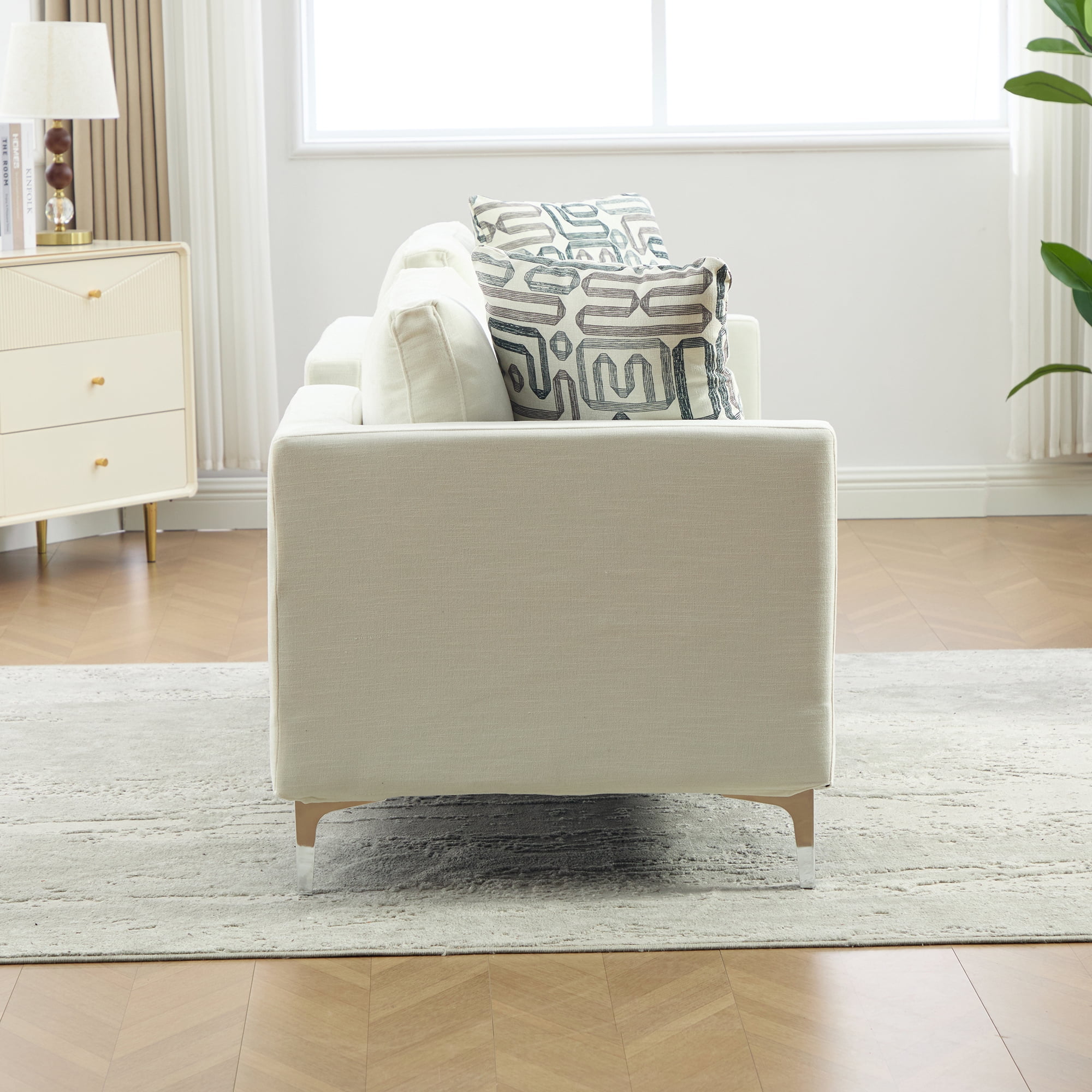 77.5-Inch Chenille Chaise Lounge with 4 Accent Pillows and Track Arms, Oversized Settee Daybed for Living Room and Bedroom, Ivory