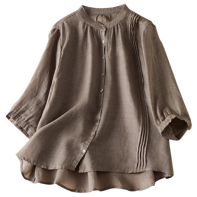 Timegard Womens Tops Summer Crew Neck Button down Half Sleeve Pleated Flowy Shirts Casual Loose Tops