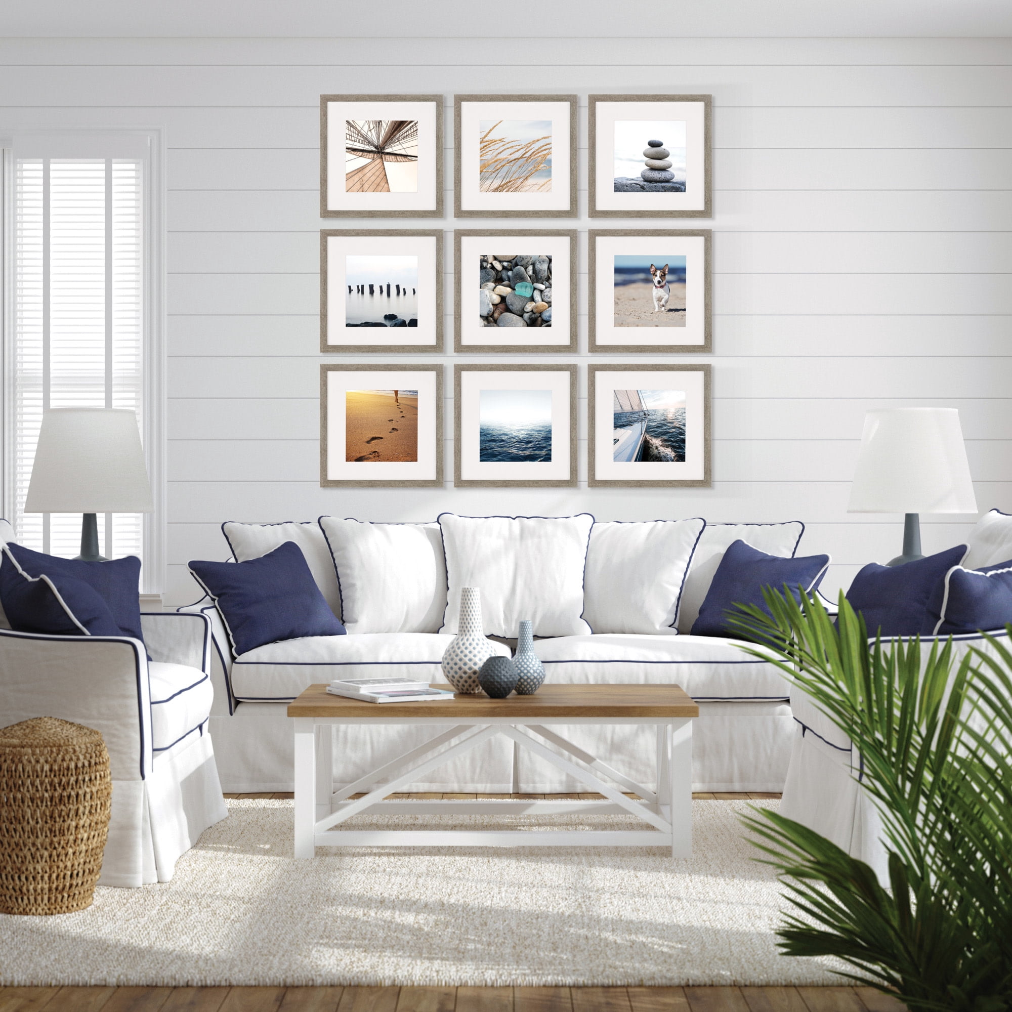 Instapoints 9 Piece Gallery Wall 8" x 8" Picture Frame Set with Decorative Art Prints & Hanging Template