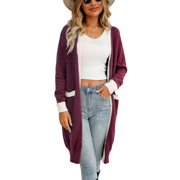 Txlixc Cardigan femenino, contraste de color de manga larga Midi knitwear Txlixc moda