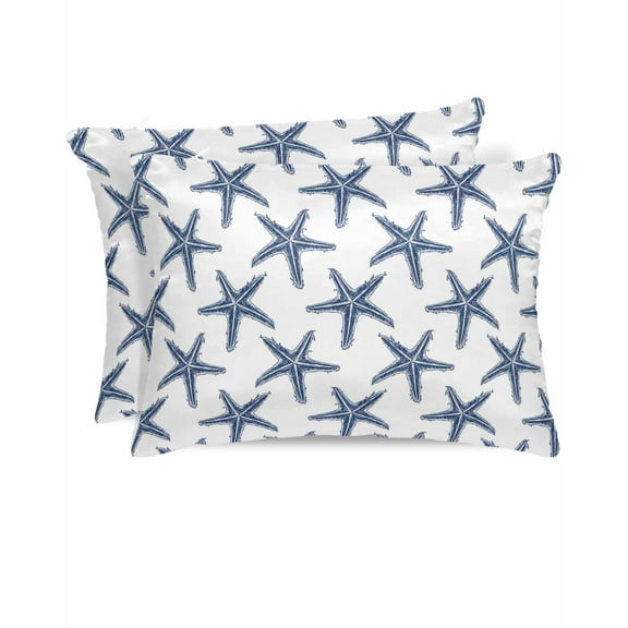 Hokiten Pillow Cases Standard Size Set of 2, Lumbar Pillow Covers, Navy Blue Starflsh, Satin Pillowcases with Zipper for Hair/Skin, Summer Ocean Beach Sea Star White 20x26 Inches