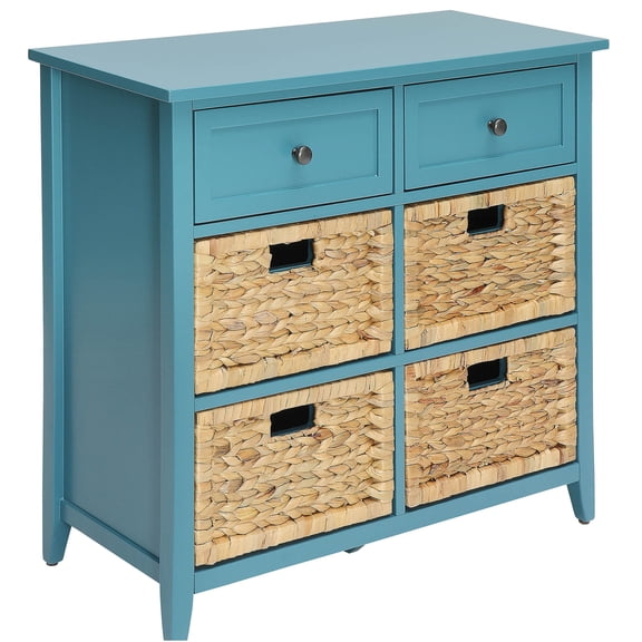 JERFIT Modern Teal Wood Console Table with 6 Drawers & Basket Weave Storage for Entryway, Hallway