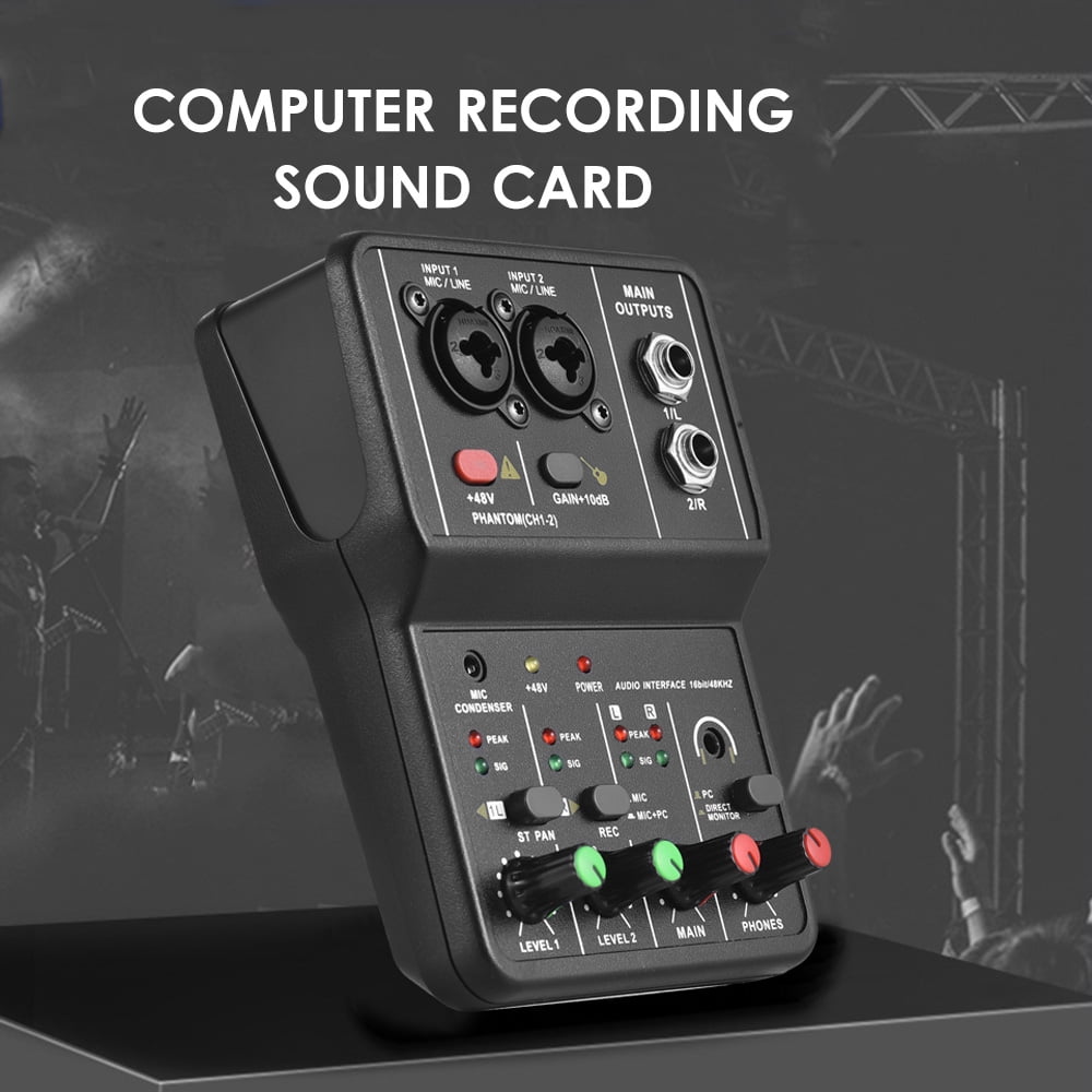 Professional Audio Interface Sound Card for Recording - 16bit/48kHz Mini USB, 2-In & 2-Out, with 48V Phantom Power and USB-B Cable, Ideal Studio Equipment for Music Recording