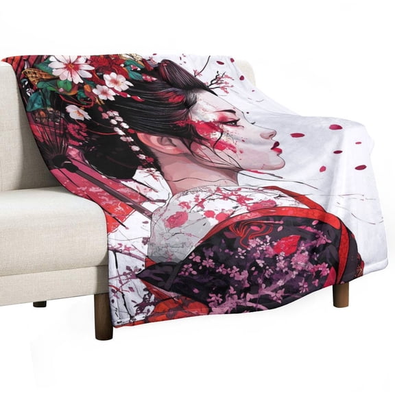 Japanese Woman Geisha And Cherry Blossoms Super Soft Blanket Christmas Throw Blanket Flannel Microfiber Blankets for Couch Bed Sofa Fluffy and Warm 30"x40"