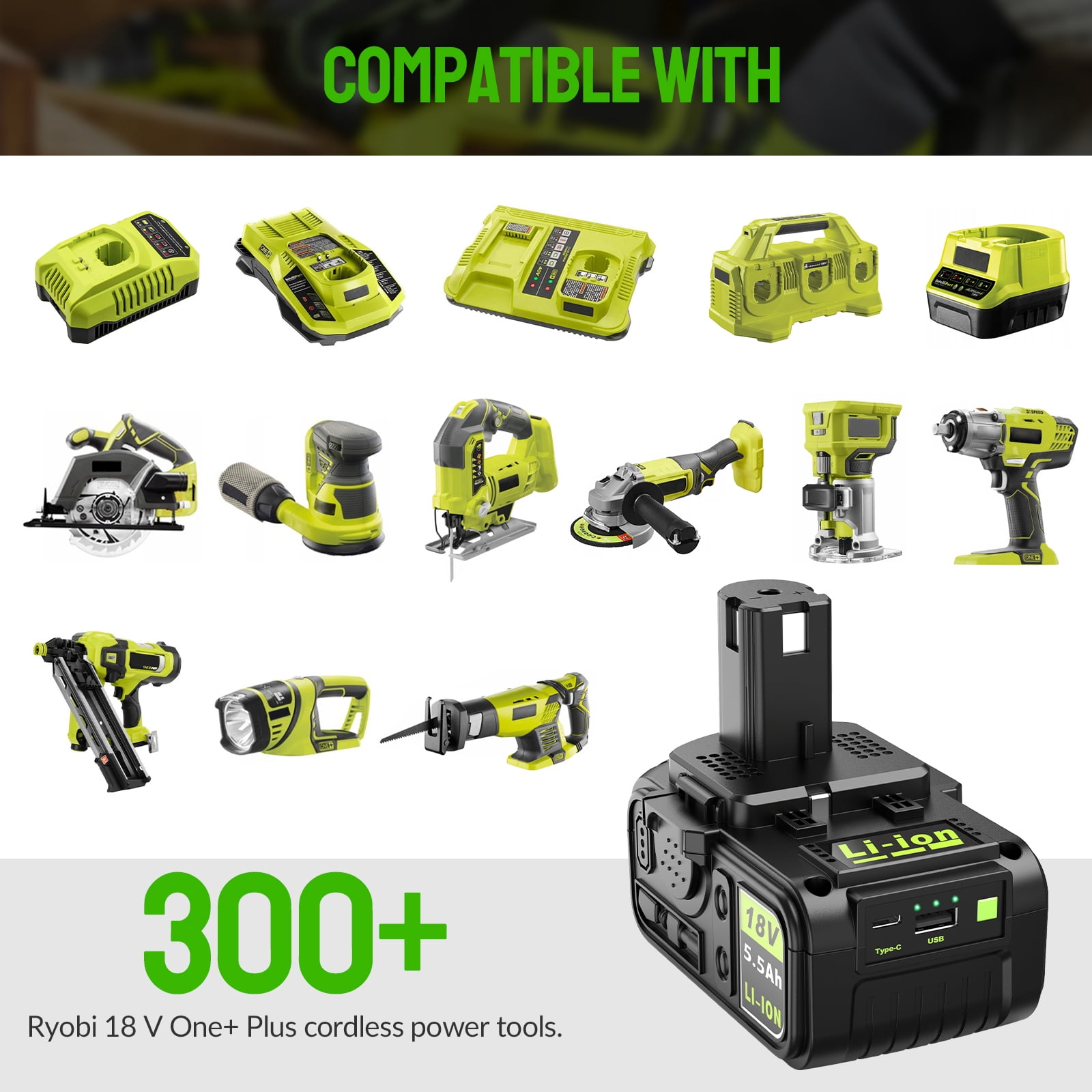 ABEDEN 18v 5.5A Battery Replacement for Ryobi 18v Battery 1 pack compatible with Ryobi 18v charger and tools