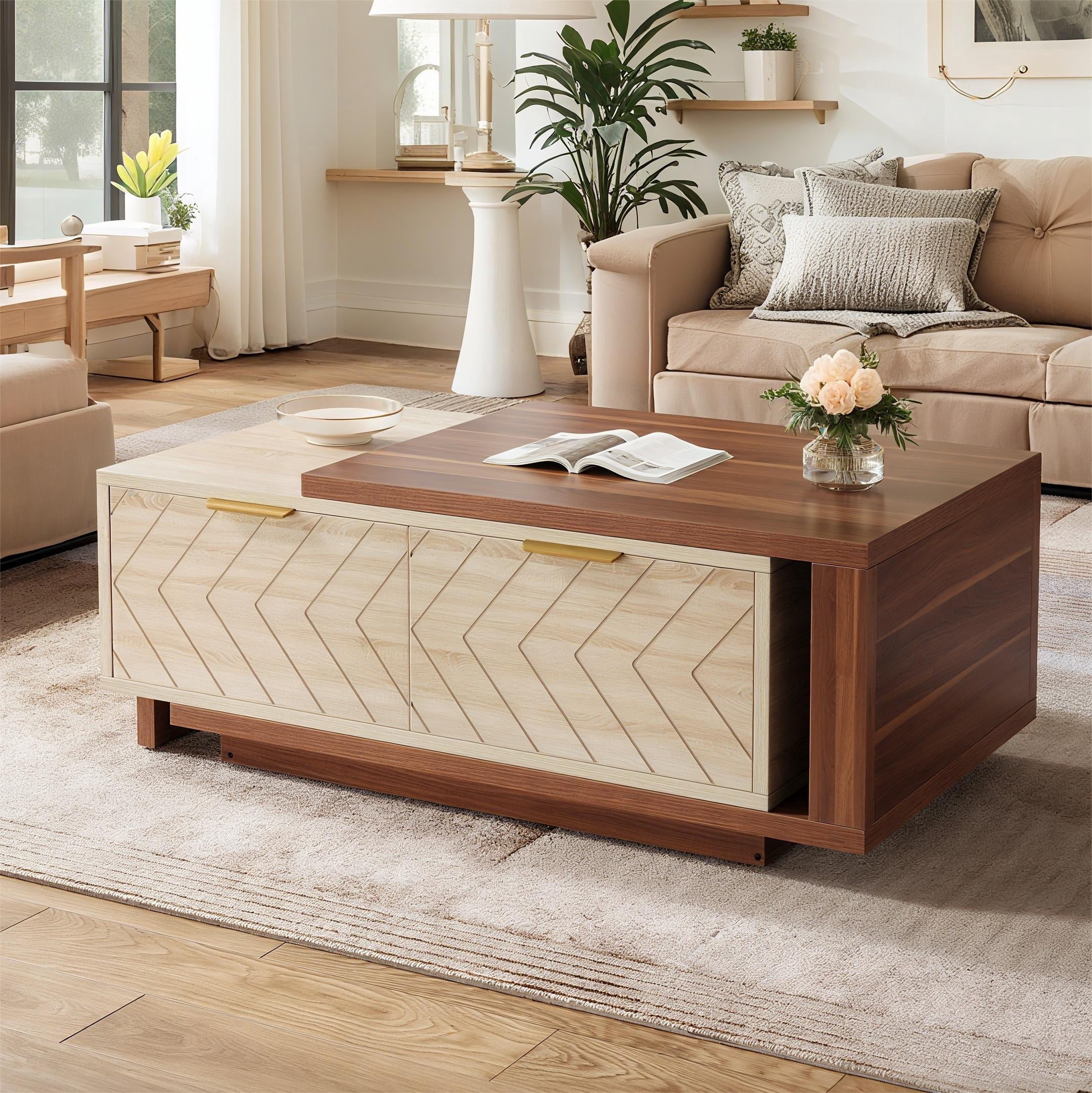 Fnova Modern Extendable Coffee Table with 2 Drawers, 42"-65" Expandable Wood Coffee Table for Living Room, Walnut & Oak