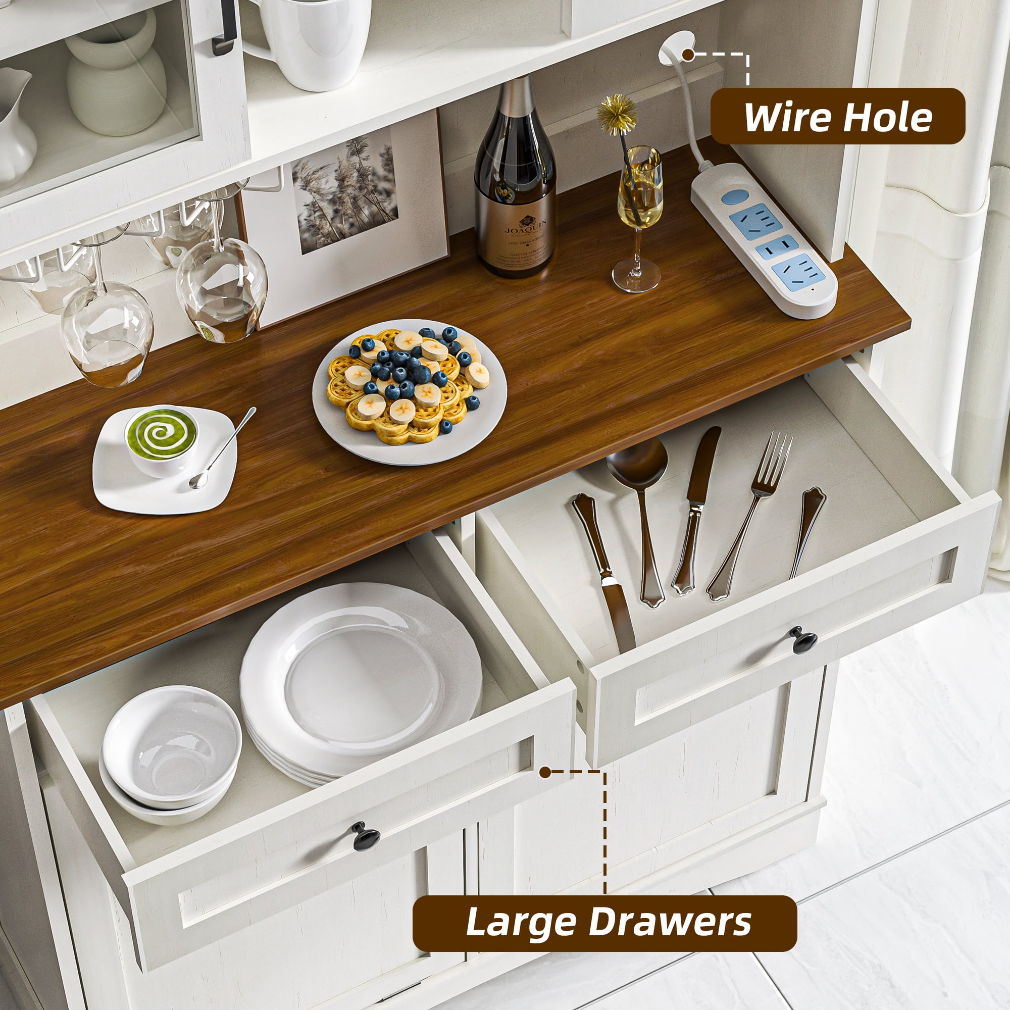 HARIPUL 2-in-1 Kitchen Trash Cabinet & Panty Cabinet, 26 Gallon Garbage Can, Freestanding Double Tilt Out Storage Cabinet w/ Shelves for Kitchen & Living Room, Antique White