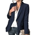 thumbnail image 3 of Chaquetas de oficina para mujer, cuello vuelto, Color puro, cierre de un solo botón, traje de trabajo, abrigo con bolsillos plisados, azul oscuro XXL, 3 of 5