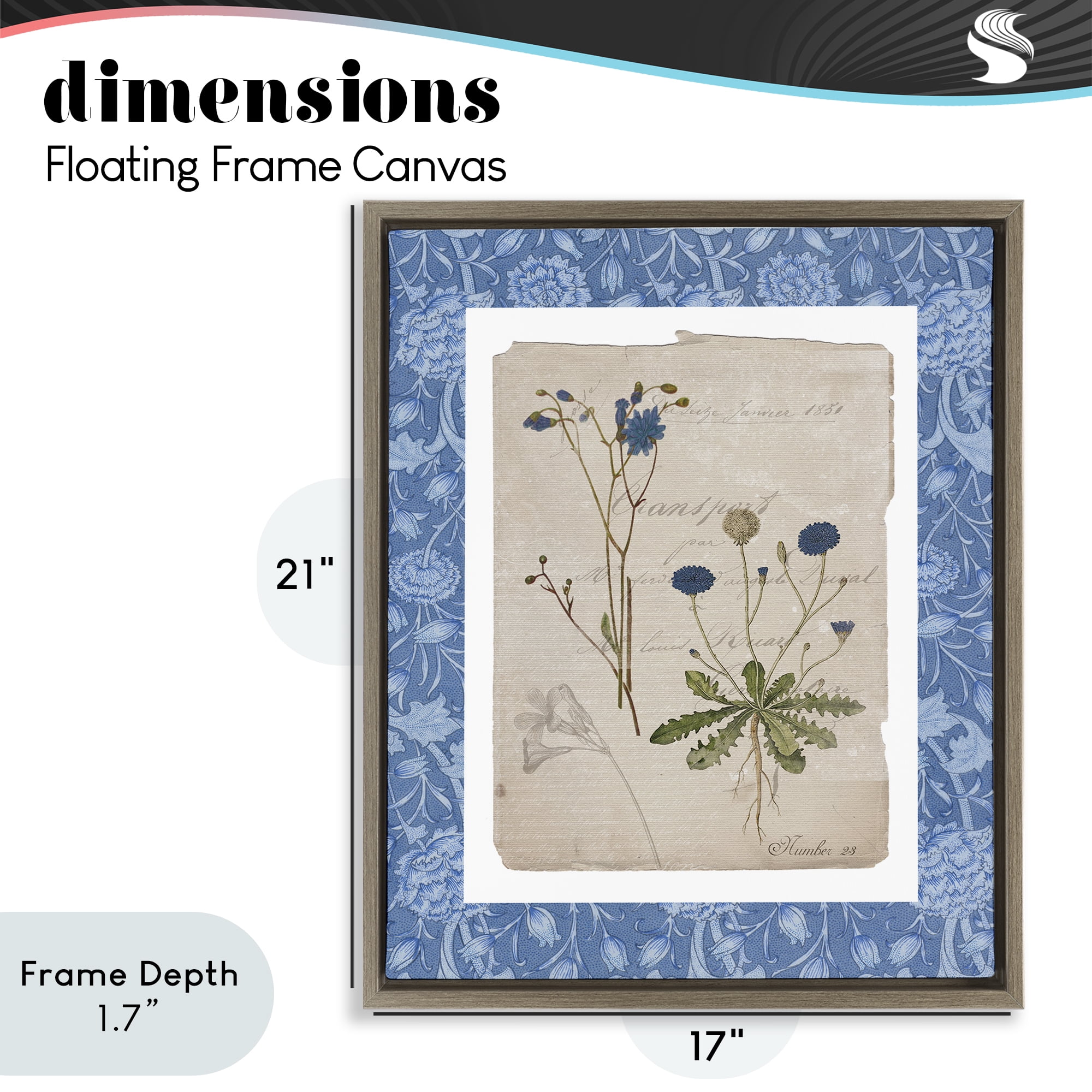 Stupell Industries Blue Antique Herbs Brown Framed Floater Canvas Wall Art, design by Livi Finn