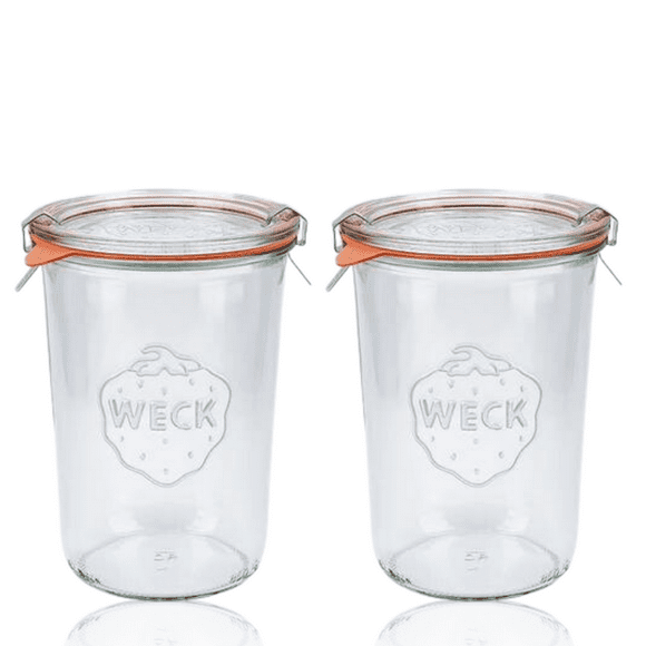 WECK 743 Pots Moules - 850 ml - Pots Moules WECK en Verre Transparent - Pots de Mise en Conserve Écologiques - Rangement pour Aliments, Yogourt avec Joint Hermétique et Couvercle - Ensemble de (2 Pots)