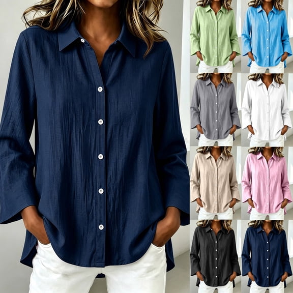 QSXADF Women's Button Down Shirts Cotton Linen Tops Point Collar Long Sleeve Solid Button Front Shirt For Office Casual Women's Fall Winter Tops