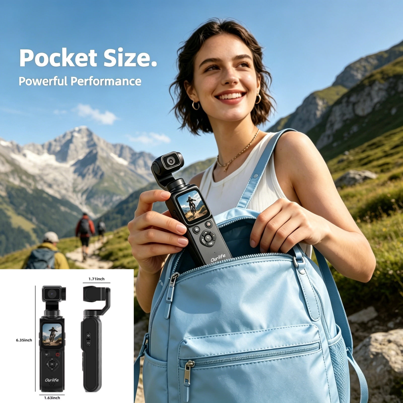 Ourlife Handheld Gimbal WIFI Camera 4K - 64MP Autofocus, 18x Zoom, Touchscreen, Face Tracking, Action Cam Travel Pocket Vlogging Camera with 64GB Card, Gunmetal
