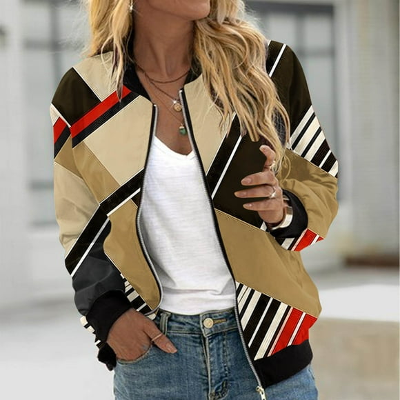 Feancey Windbreaker Bomber Jacket Women Zip up Long Sleeve Fashion Jackets Dressy Casual Colorblock Print Varsity Jacket with Pockets Brown S