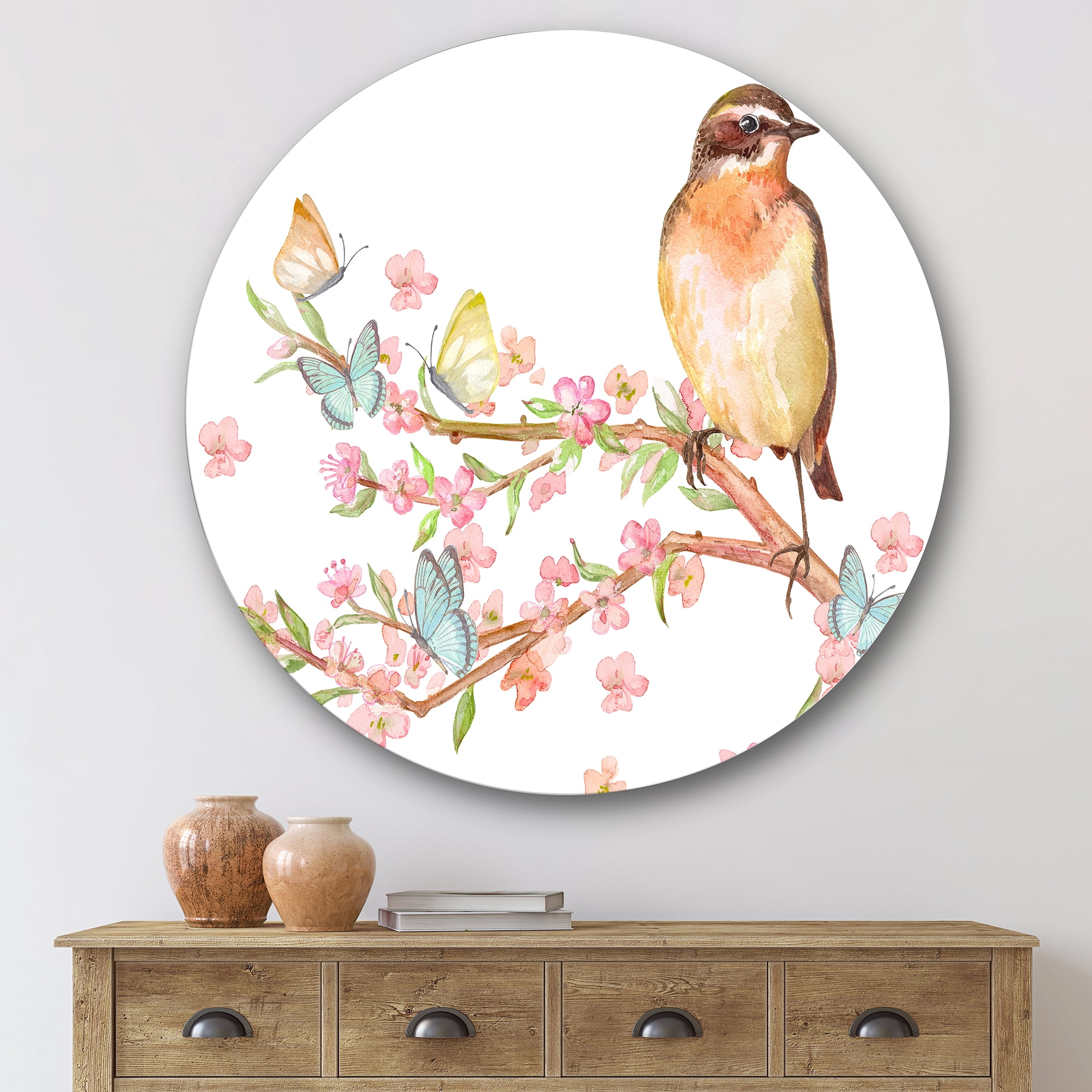 Designart 'Lovely Bird Sitting On Branch of Sakura With Butterflies' Traditional Circle Metal Wall Art 36x36 - Disc of 36