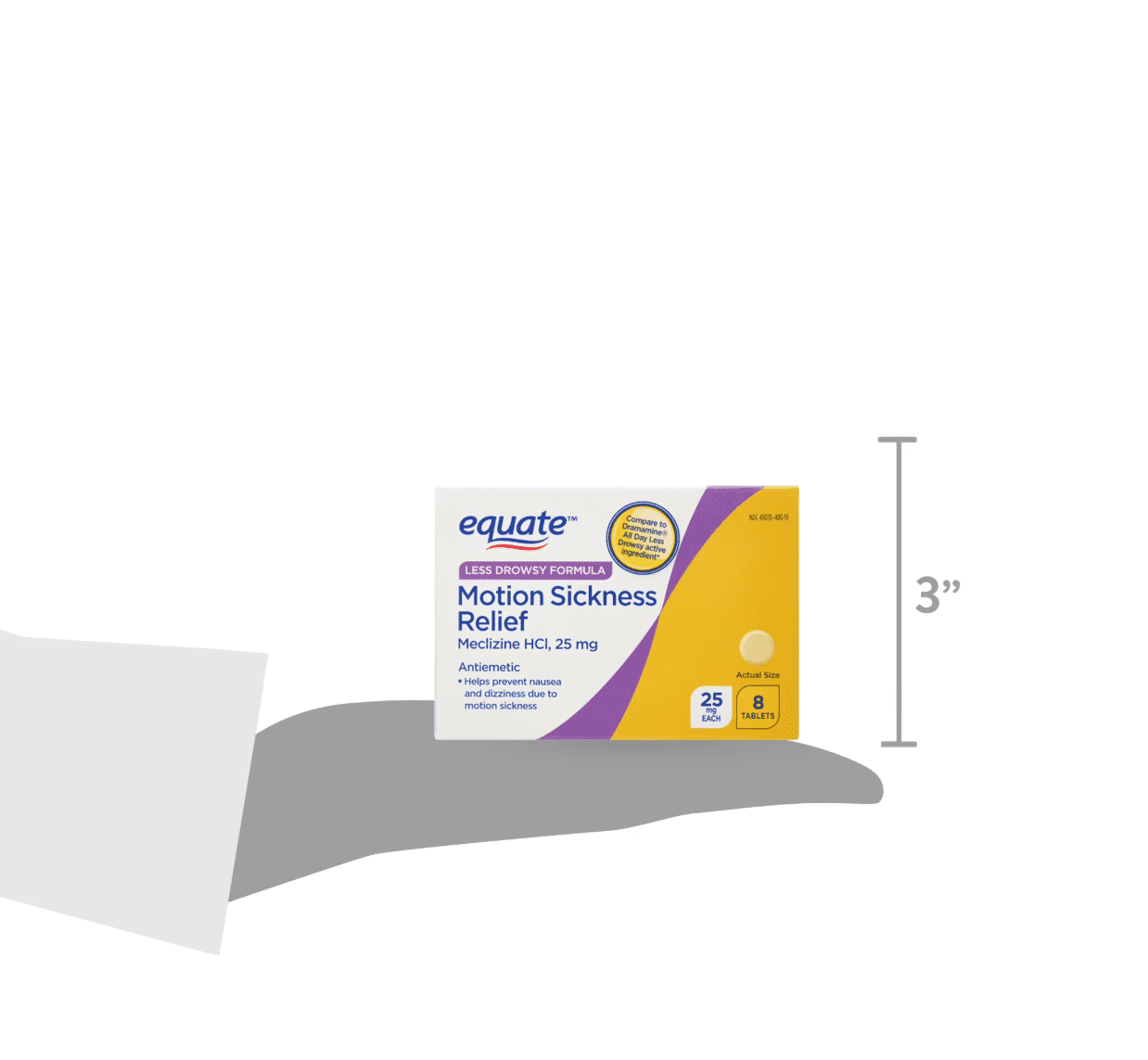 Equate Less Drowsy Formula Motion Sickness Relief Meclizine HCI Tablets, 25mg, 8 Count, Compare to Dramamine® All Day Less Drowsy Active Ingredients