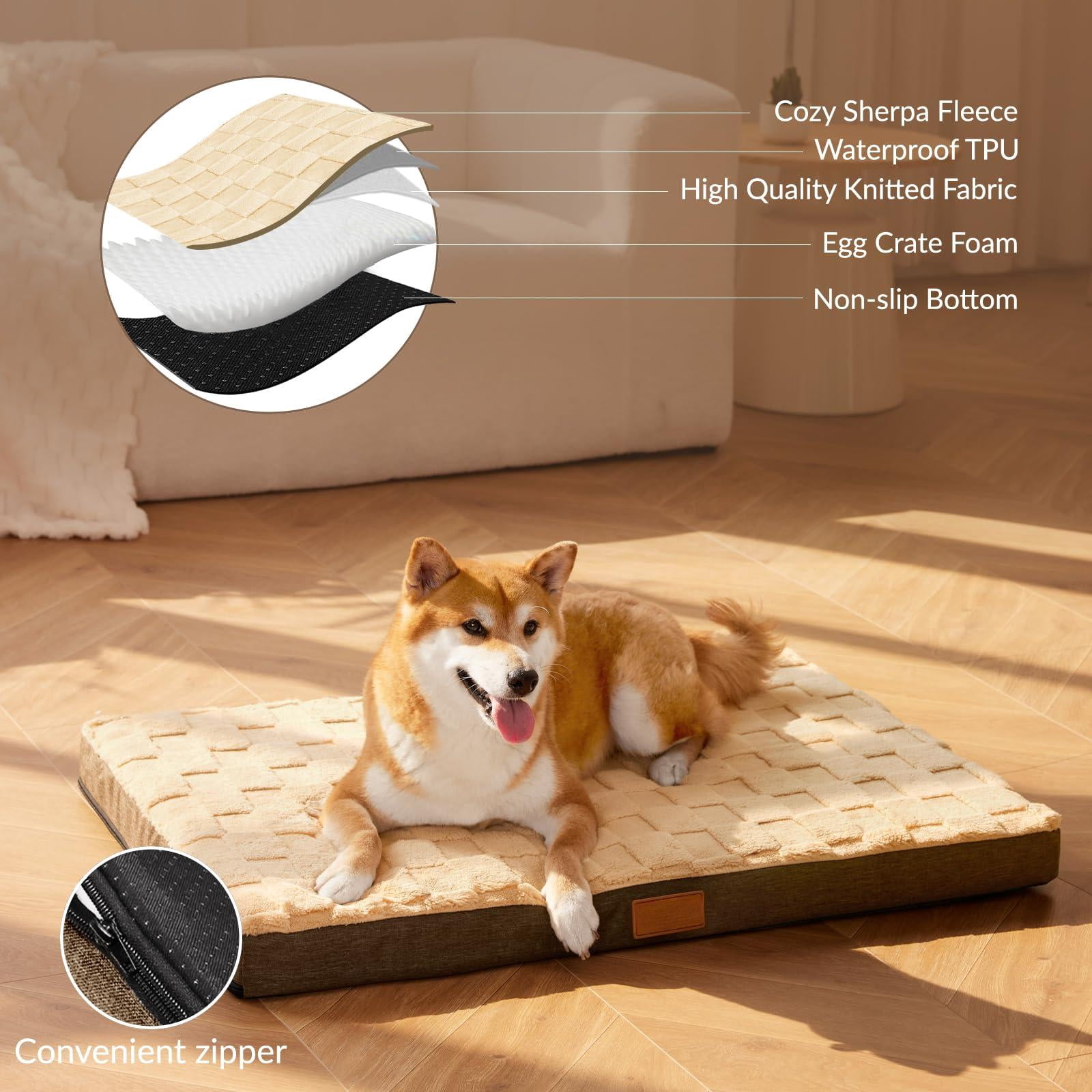 Xl Dog Bed Large Sized 42''x28''  Waterproof Soft Comfortable Egg Crate Foam Pet Beds Mat With Removable Washable Cover And Nonskid Bottom Brown