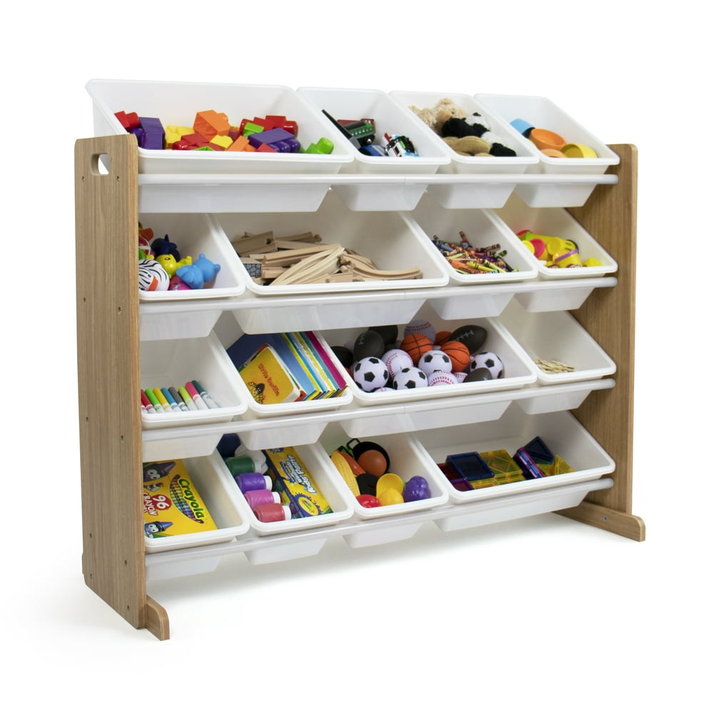 Humble Crew Kids Natural Wood Toy Storage Organizer with 16 White Plastic Storage Bins Walmart