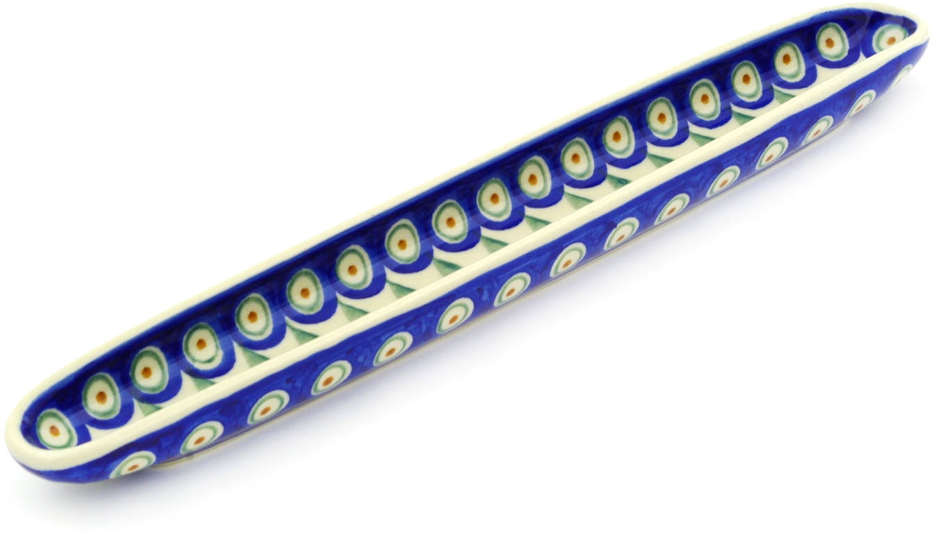 Polish Pottery 13inch Olive Dish (Peacock Theme) Hand Painted in