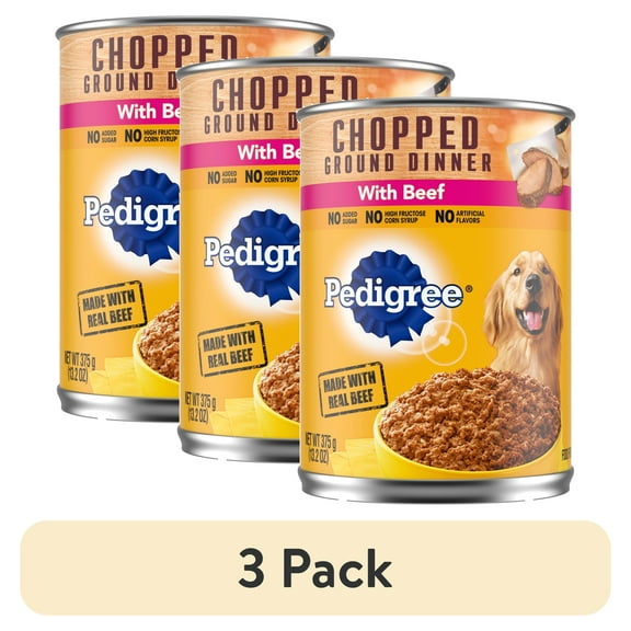 (3 pack) Pedigree Chopped Ground Dinner With Beef Adult Soft Wet Dog Food, (12) 13.2 oz Cans