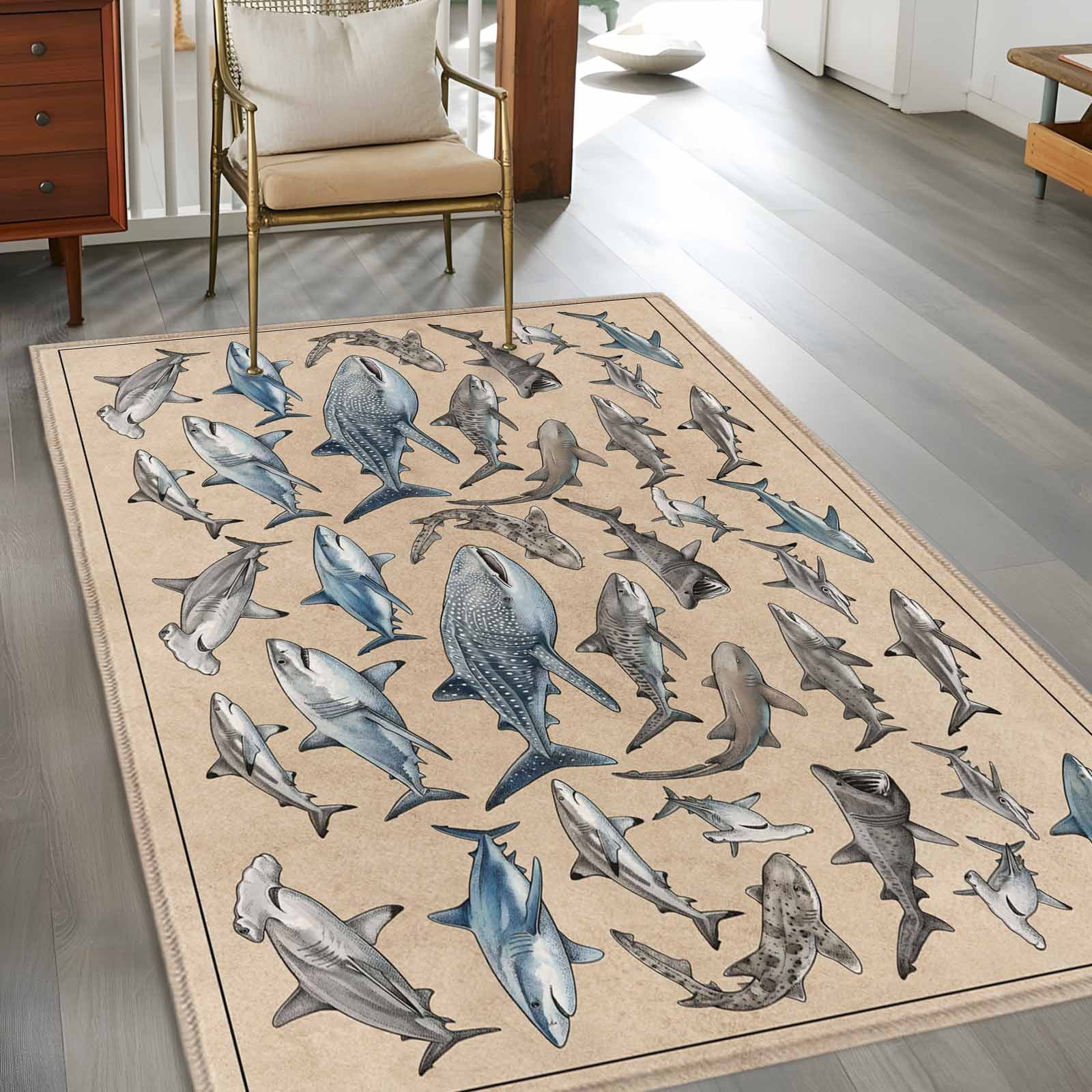 Area Rugs 2.7'x5', Ocean Sharks Carpet for Living Room Bedroom Dining Room, Vintage Coastal Underwater Animals Brown Throw Kitchen Rugs Non Slip Washable Rectangle Indoor Outdoor Rugs