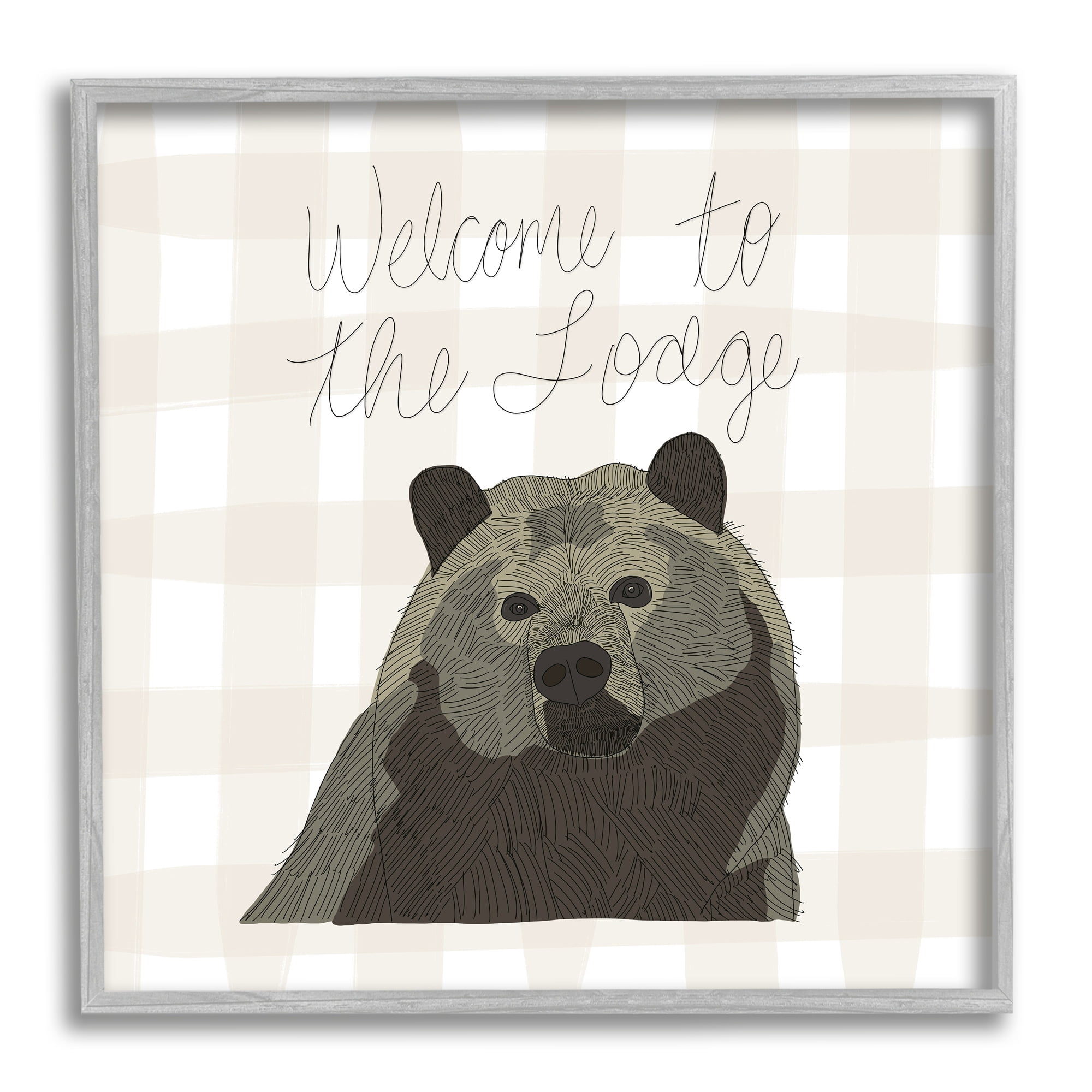 Stupell Industries Welcome to the Lodge Cabin Entrance Bear Tartan Graphic Art Gray Framed Art Print Wall Art, Design by Tara Moss