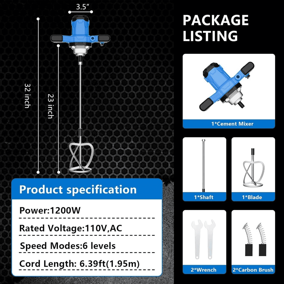 Azzunox Cement Mixer Electric Concrete Mixer Machine 110V Handheld Mud Mixer with 6 Adjustable Speed for Mixing Concrete, Cement, Mud, Mortar, Putty, Paint (Blue)