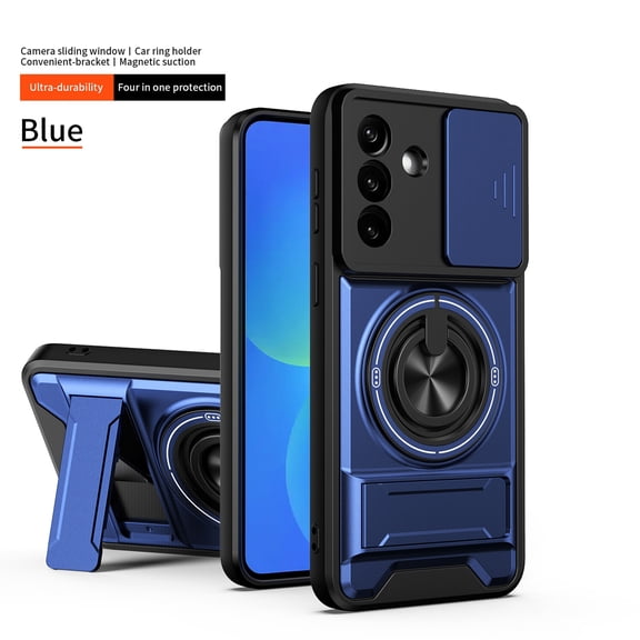 Dteck Magnetic Case for Samsung Galaxy A15,Shockproof TPU PC Slide Lens Protection Case Compatible with Mag Safe Ring Holder Hidden Kickstand Back Cover,Blue