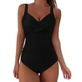 thumbnail image 1 of Gubotare Womens Ruffle One Piece Swimsuit Drawstring High Cut Bathing Suit Ribbed Swimwear (Available in Plus),Black M, 1 of 5