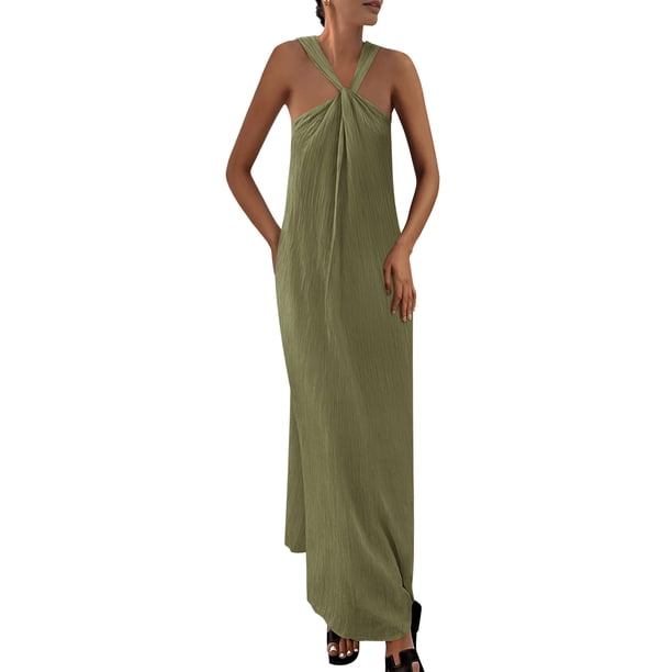 Vestido de verano PRETTYGARDEN para mujer 2025, holgado, con tiras, verde militar