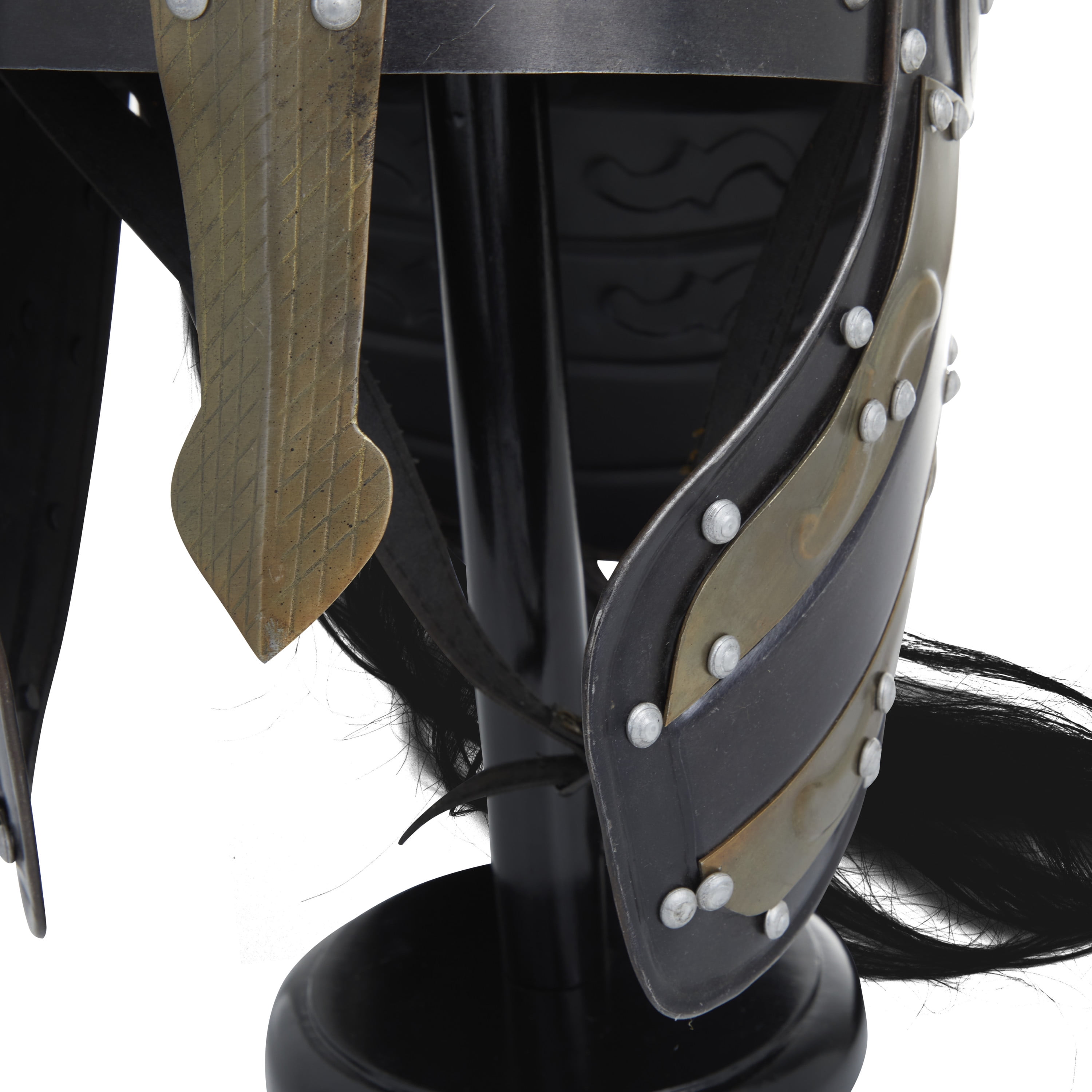 18" Gold Metal Replica Medieval Greek Spartan Helmet with Black Wood Stand and Plume, by DecMode