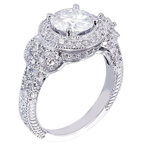 HeartsAndYou Halo Antique Inspired Vintage Inspired Engagement Ring for Women 3ct Round Cut Moissanite 18k White Gold over Silver