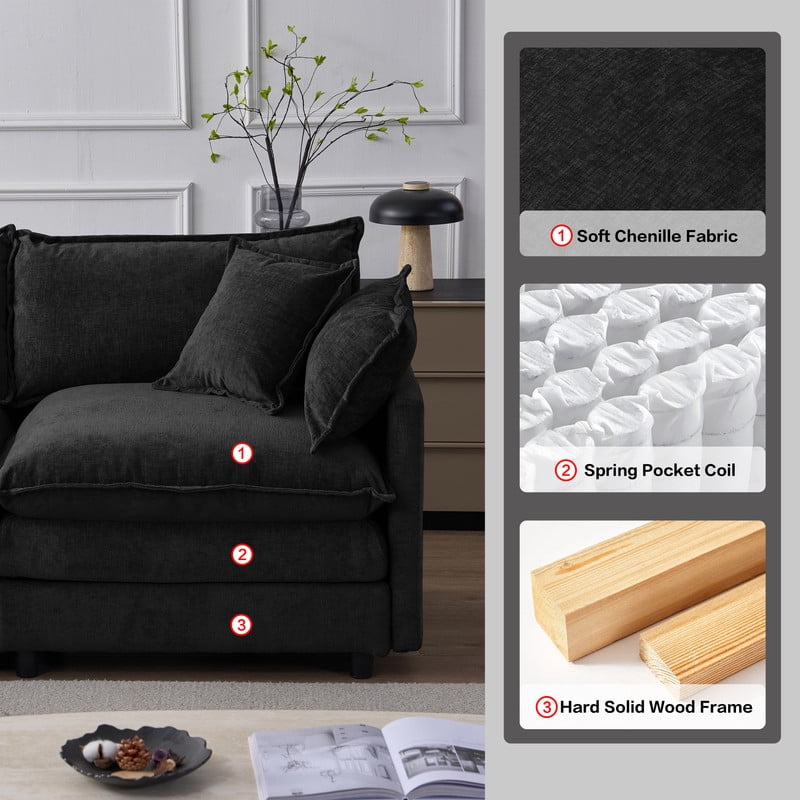 105" Modular Sectional Couch, 3-Seater Soft Chenille L-Shaped Sofa with Ottoman, Upholstery Sofa Couch with Pocket Coil & High-Density Foam for Living Room