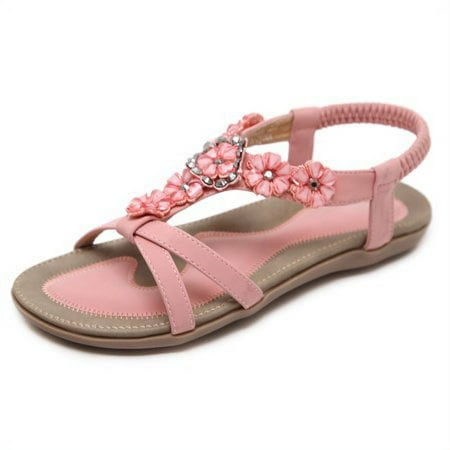 

Boho Flat Sandals for Women Casual Summer Beach Beaded Ankle Strap Comfort Sandals Dress Shoes Pink 6