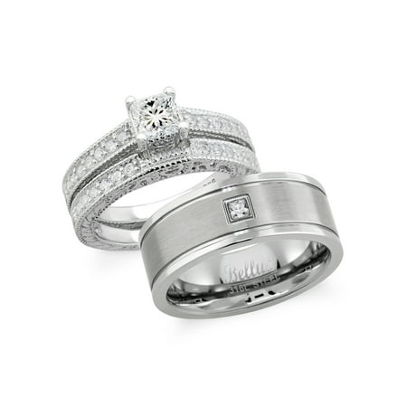 Bellux Style Hers And His Sterling Silver Cubic Zirconia Clic Hers And His Sterling Silver Cubic Zirconia Clic Wedding Ring Set Stainless Steel Center Brushed Cz